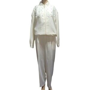 JG by Joyce Vintage Womens Jacket Pants 2 Piece Set Rhinestone Off White Size 16